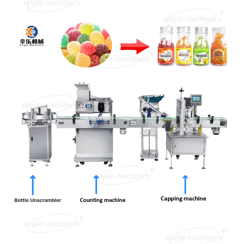 Línea de producción automática de embotellado y taponado de conteo de tabletas de dulces