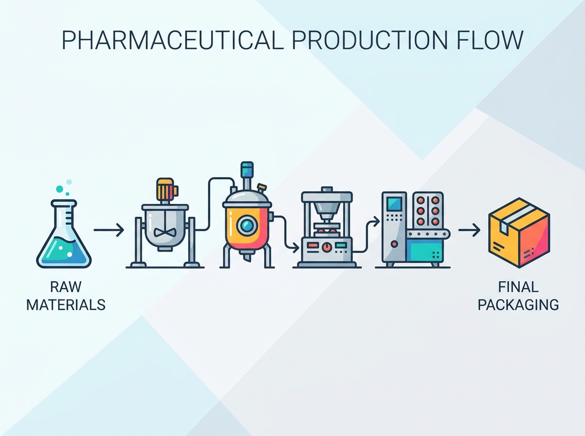 Equipos de producci&oacute;n farmac&eacute;utica en un entorno de sala limpia.