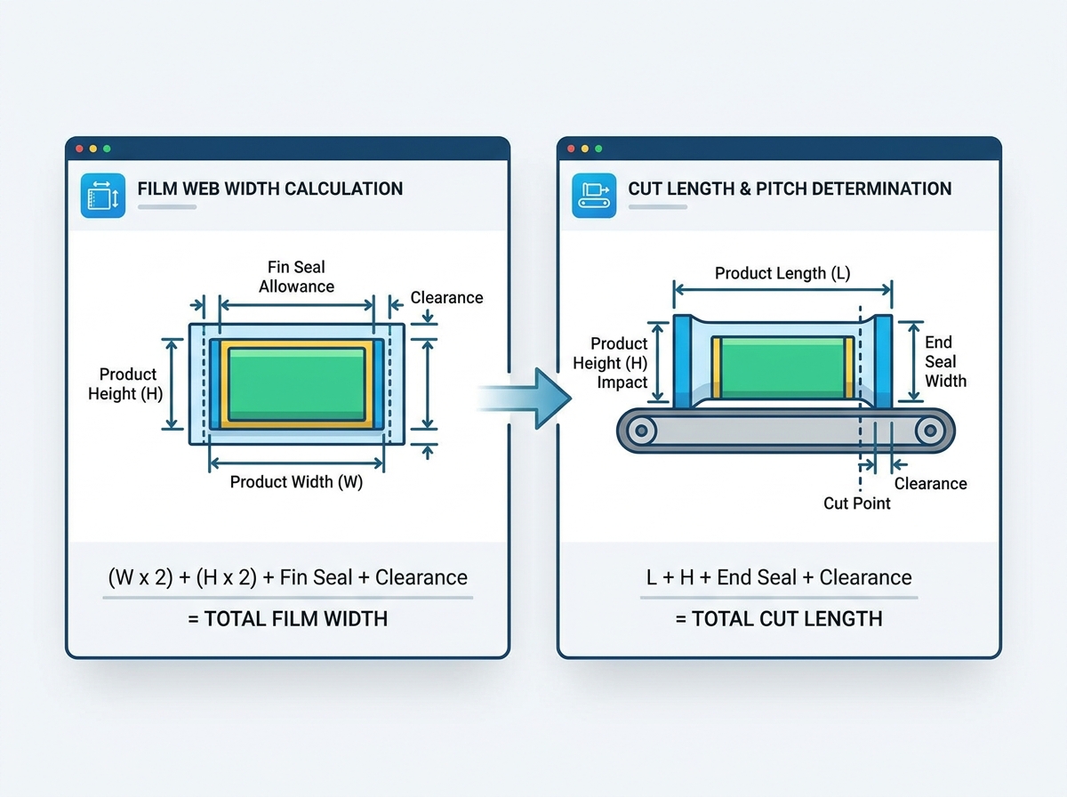 Diagrama t&eacute;cnico que ilustra los c&aacute;lculos de la longitud de corte de la m&aacute;quina de envoltura de flujo y el ancho de la banda de pel&iacute;cula